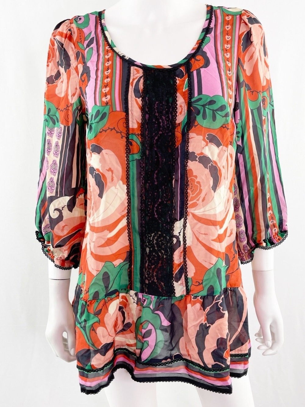 Anthropologie Odille Orange Pink Green Floral Lace-Front Peasant Blouse